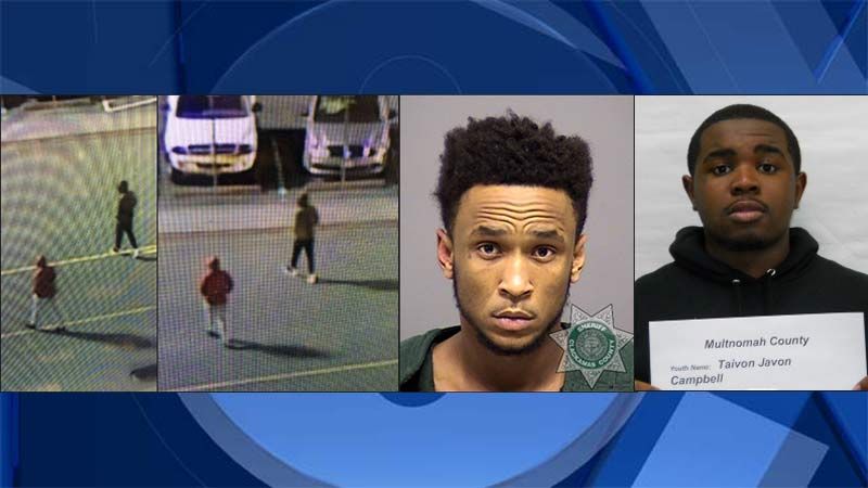 Surveillance images of suspects accused of shooting Damian Lillard's half-brother outside the Clackamas Town Center, left and center. On right, jail booking photos of Jeffrey Jessie and Taivon Campbell.