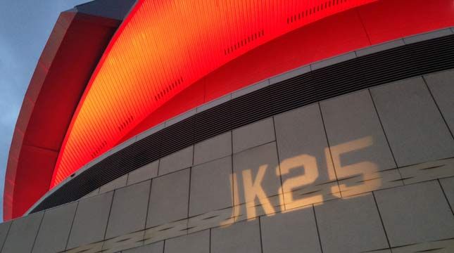 "jk25" lit up on side of moda center in honor of jerome kersey.
